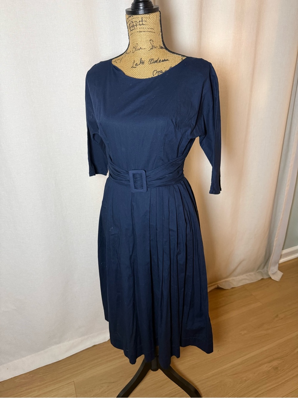 Classic Navy Belted Midi Dress with Pleated Skirt